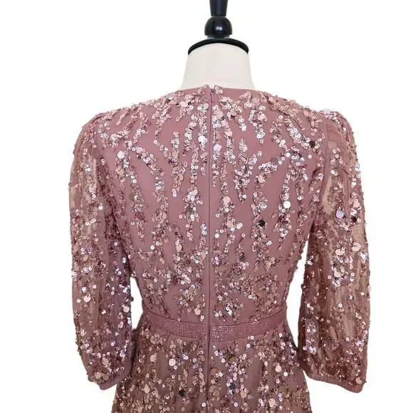 Mac Duggal 93790 Pink Rosewood Beaded Sequin Gown Puff Sleeve Formal Dress 16 - Picture 13 of 14